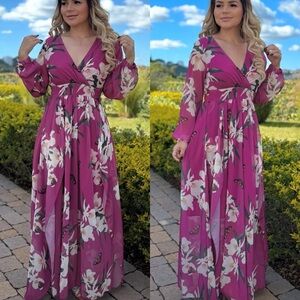 Plum Purple Pink Floral Pattern Maxi Dress Wedding Guest Garden Party Butterfly